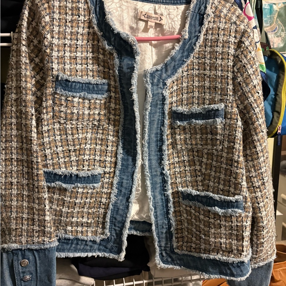 Anthropologie Tweed & Denim Fringe Open Jacket - Beige Blue